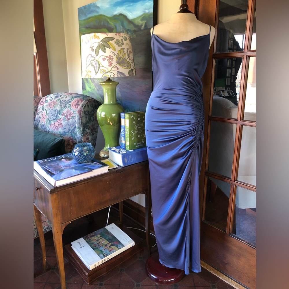 VERONICA BEARD Natasha Steel Blue Ruched Slip Dress - Picture 3 of 16